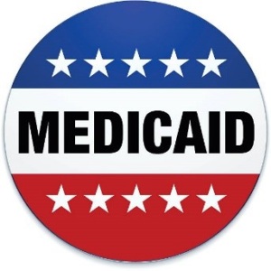 Button with stars and the word Medicaid in red, white and blue